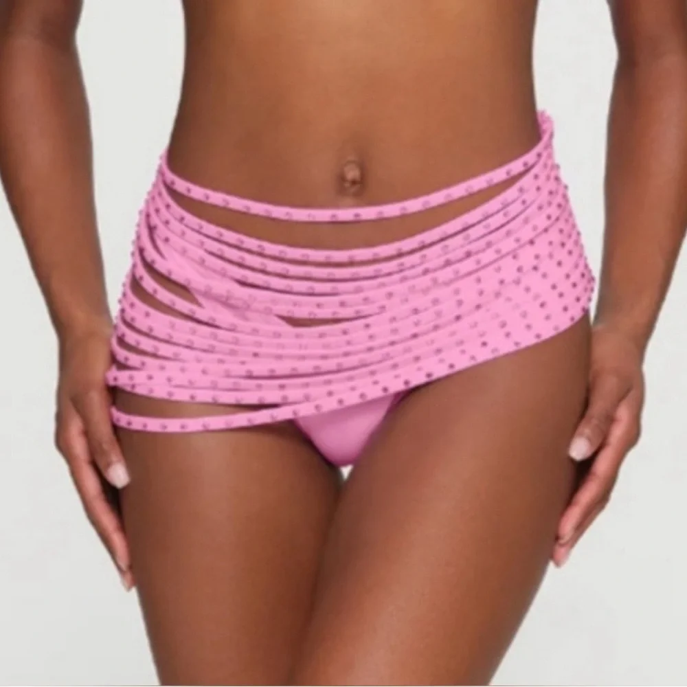 NWT SKIMS Size XS Pink Rhinestone Swim Strappy‎ Skirt